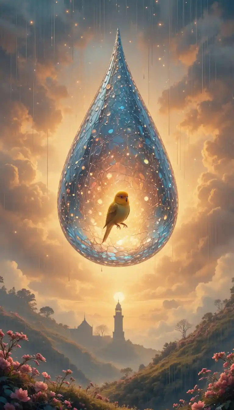 Giant floating raindrop sheltering a tiny bird