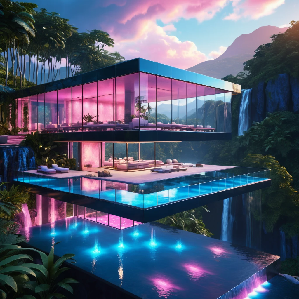 Modern glass mountain house with infinity pool at sunset