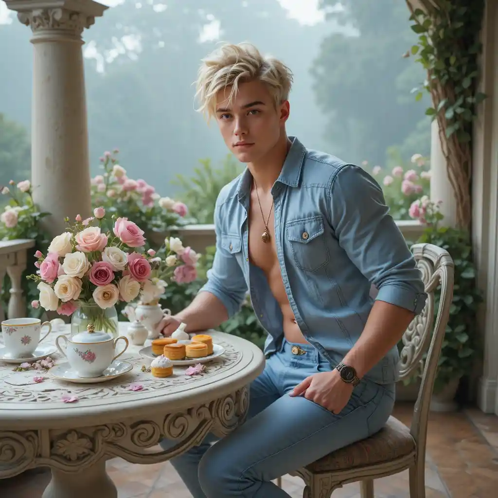 Young blond man relaxing on a villa veranda at sunrise