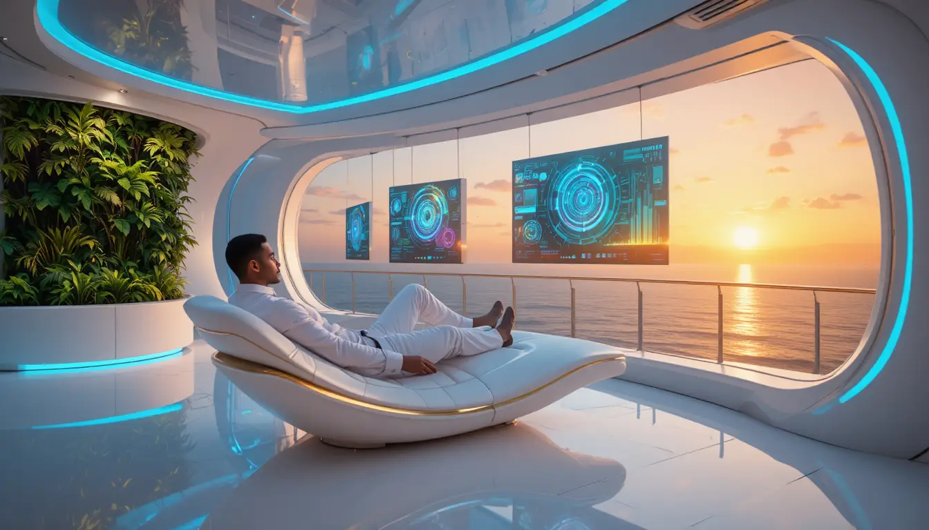 Uomo che si rilassa in una lounge futuristica al tramonto sull’oceano