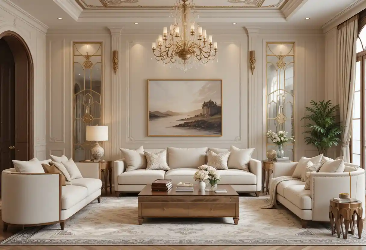Bohemian living room interior with soft beige accents
