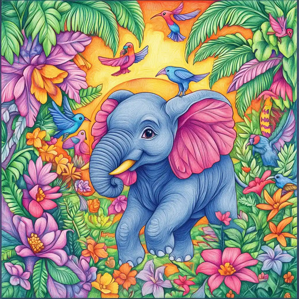 Cheerful Elephant Playing With Birds In Tropical Jungle