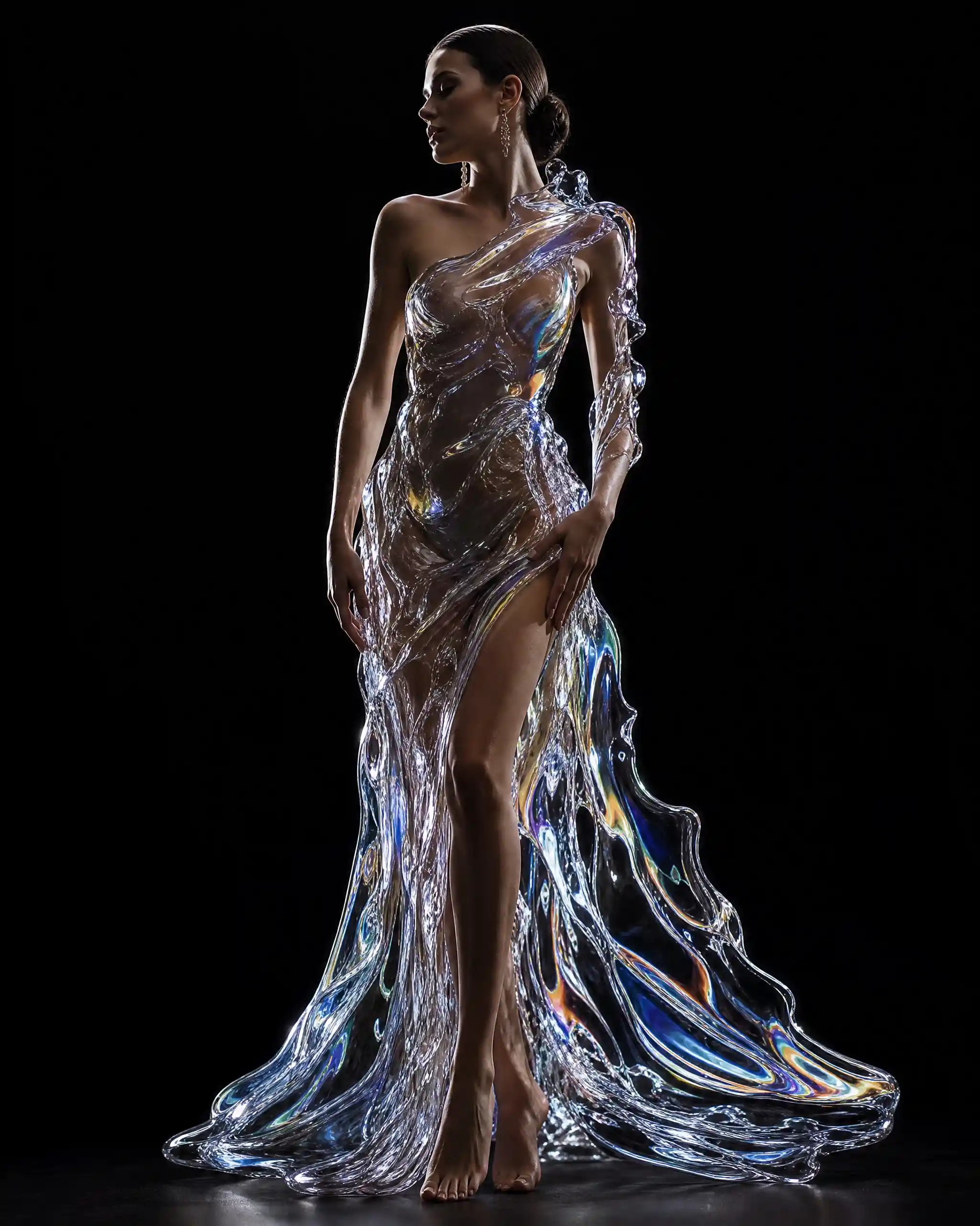 High fashion portrait of a model in liquid glass gown
