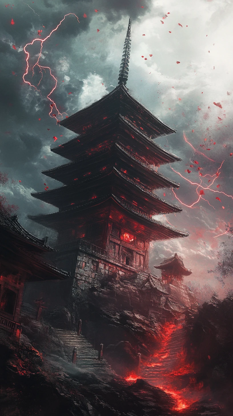 Ancient Japanese pagoda consumed by red mystical vortex
