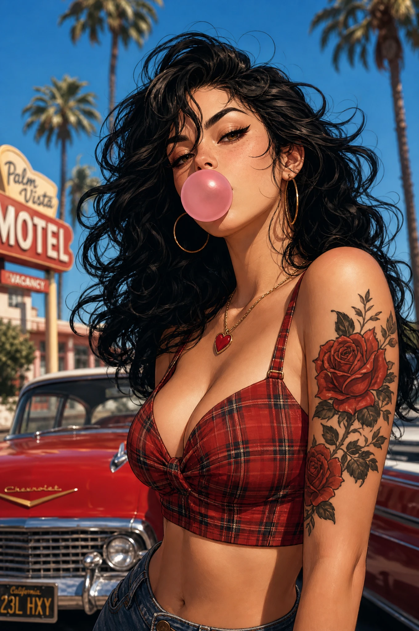 Curvy woman blowing bubblegum beside vintage red car