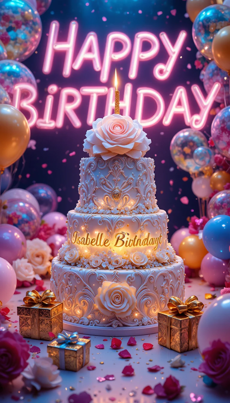 Royal white birthday cake with glowing candle and gifts