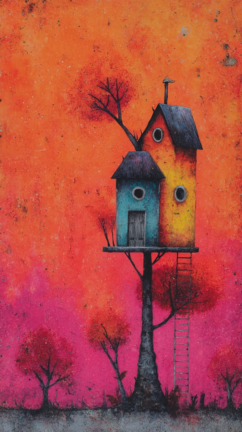 Whimsical mixed media figure on soft sfumato spring background