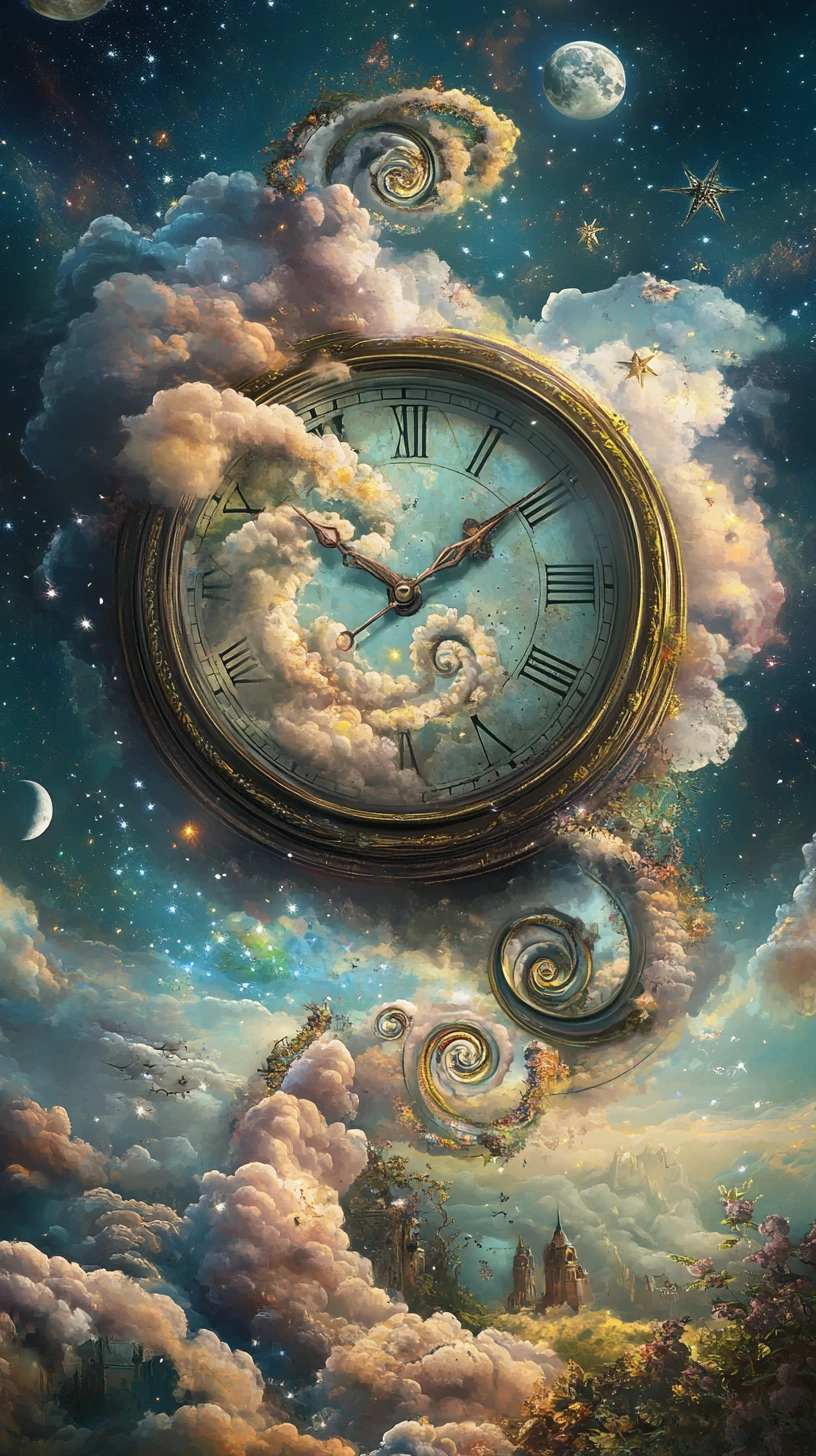 Vintage clock blooming open with swirling colorful fantasy clouds