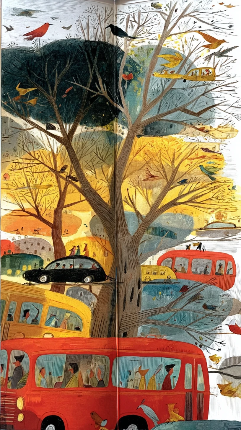 Colorful painting of a busy Paris city street with traffic