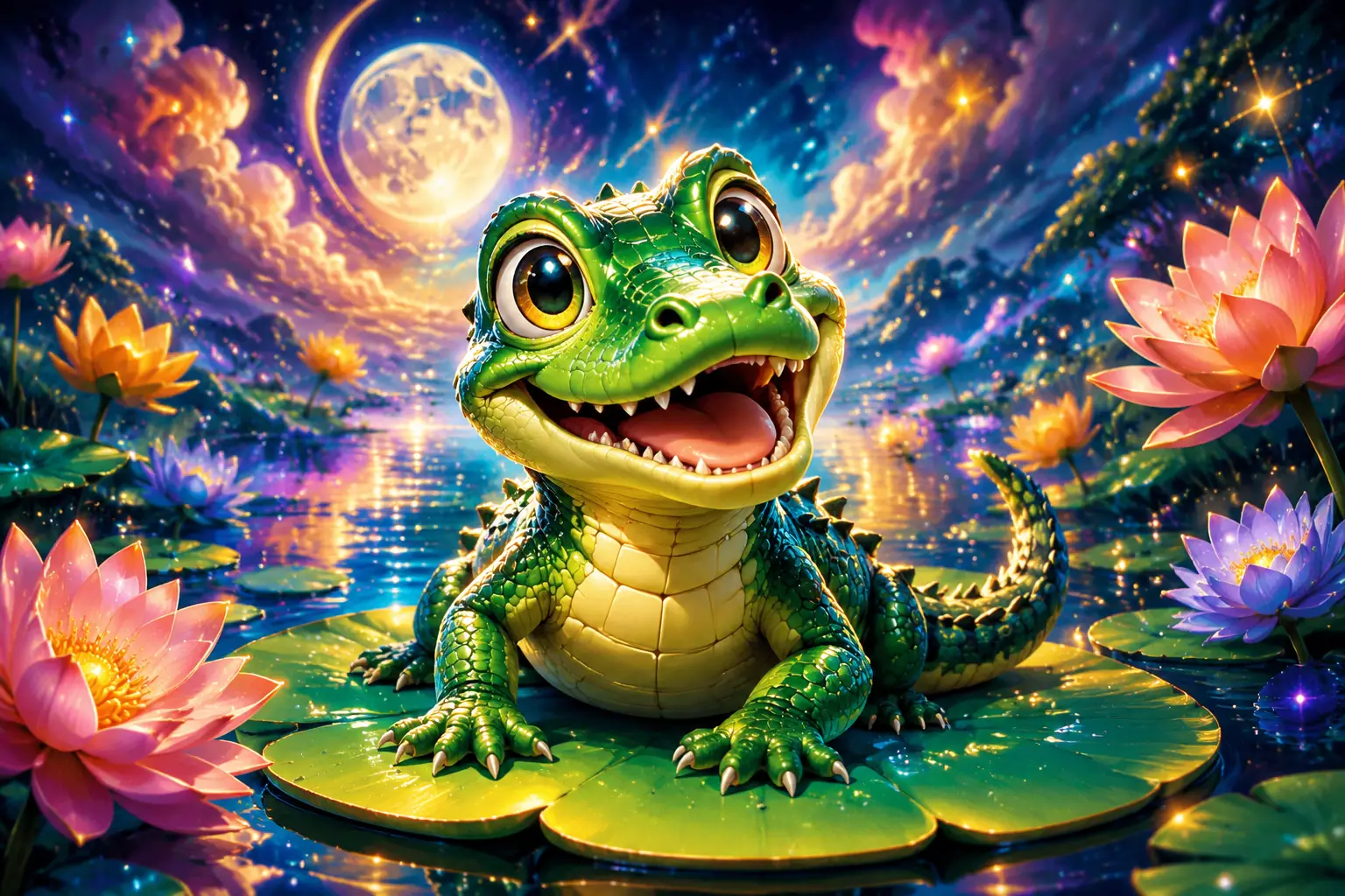 Niedliche Baby-Alligator-Illustration im kräftigen grafischen Kinderzimmer-Stil