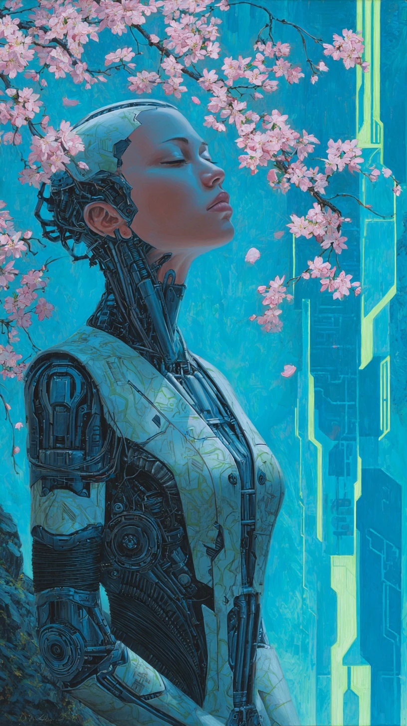 Mujer Robot Surreal con Mecánicas Biopunk en la Ciudad de Neón