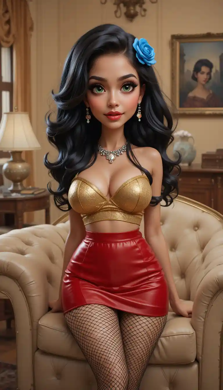 Curvy young girl in gold top in a vintage room