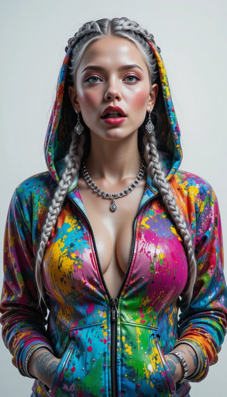 Tattooed silver haired woman in paint splattered hoodie portrait
