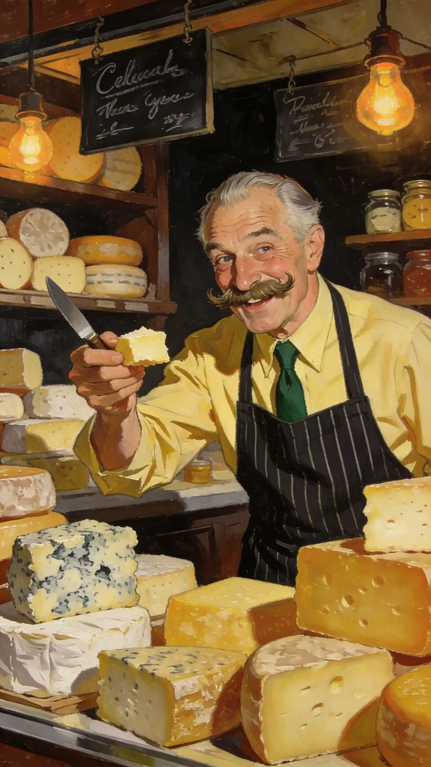 Cheerful elderly cheesemonger offering samples in rustic shop