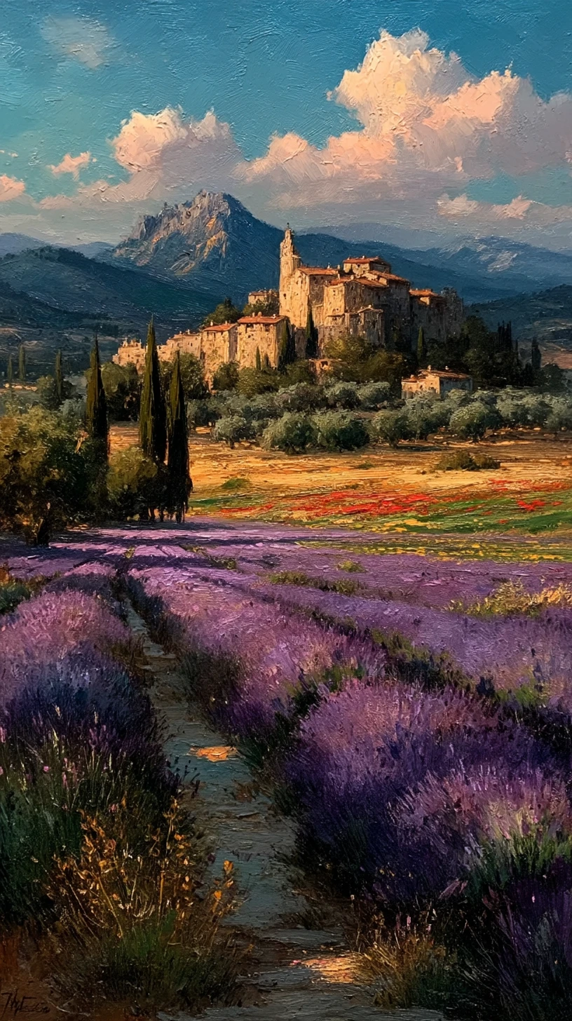 Lavender fields at golden hour in a Mediterranean landscape
