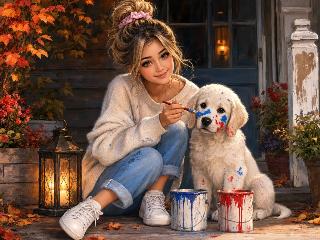 Cute girl painting her puppy on a cozy autumn porch