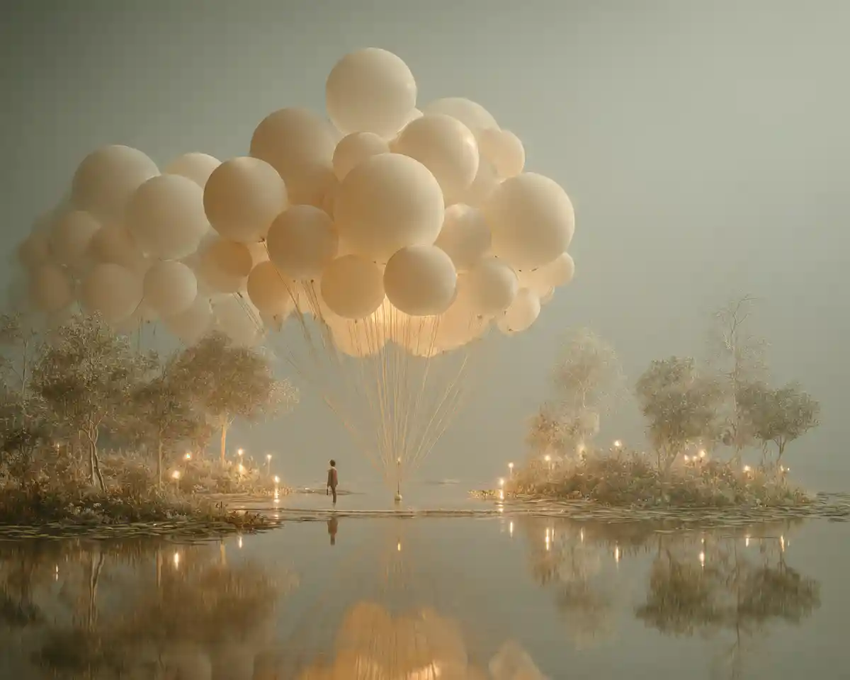 Surreal balloon sphere glowing over a tranquil reflective landscape