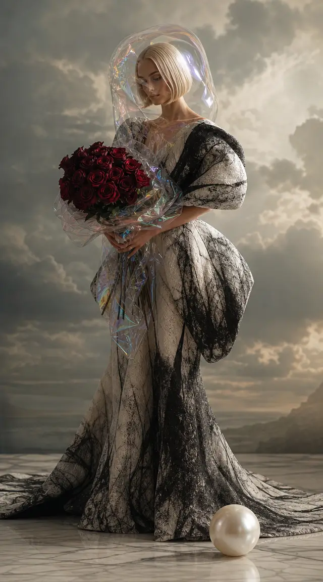Woman In Avant Garde Gown With Red Roses Bouquet