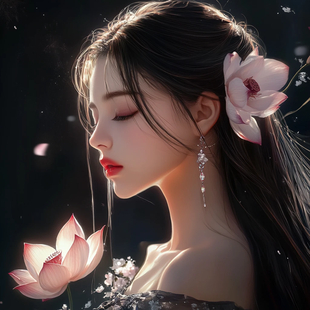 Mujer de Anime Etérea con Flores de Loto Brillantes
