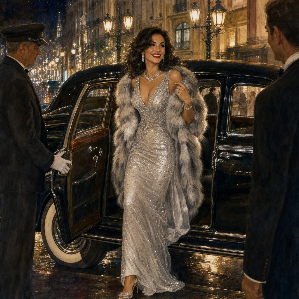 Elegante Frau im silbernen Kleid steigt aus einem Oldtimer