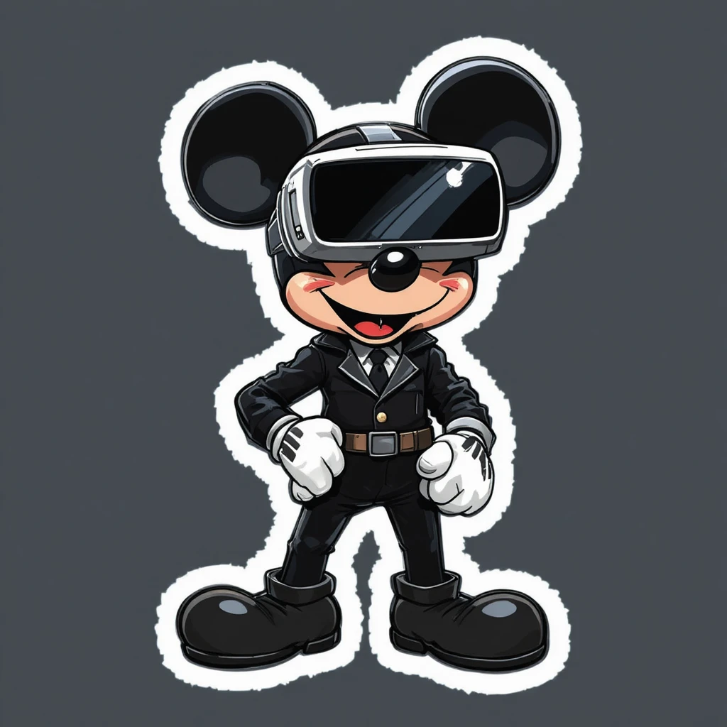 Cartoon mouse spy in black suit with vr glasses