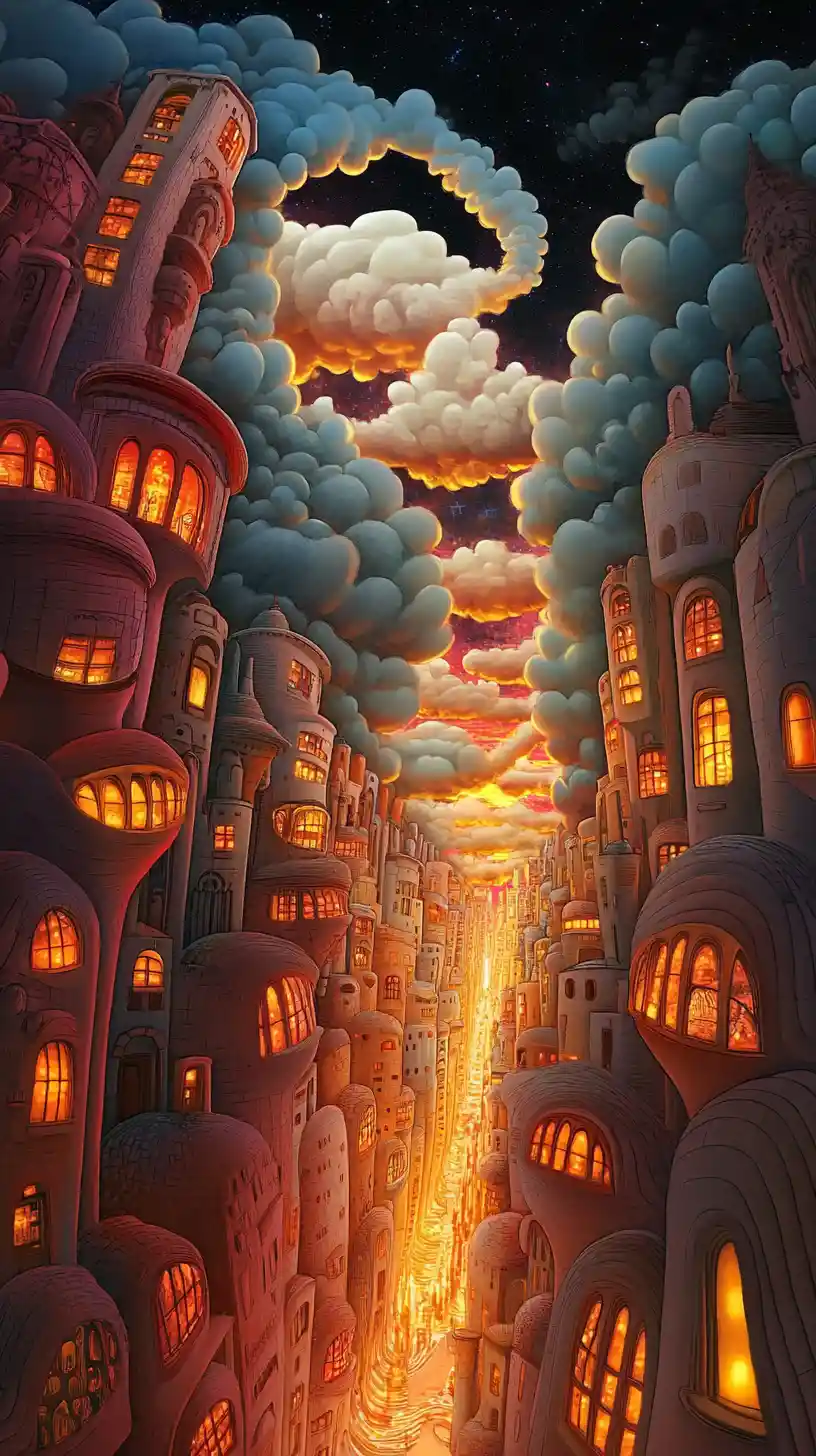 Surreal cityscape of smiling curved buildings and glowing windows