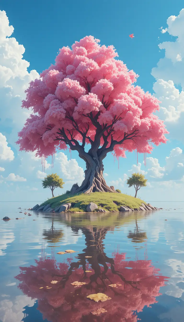 Peaceful pink tree on an island with water reflection
