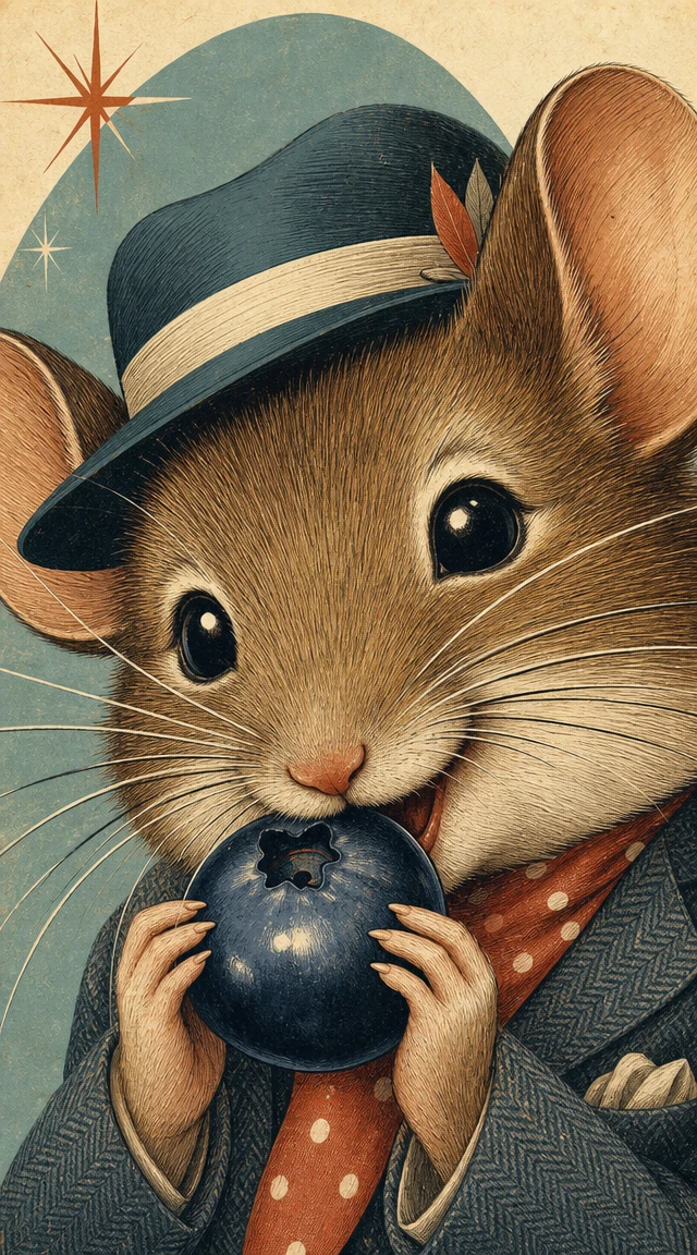 Stylish field mouse close up nibbling a large blueberry