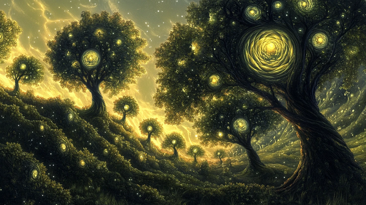 Surreal spiral trees bearing glowing fruit worlds in mist