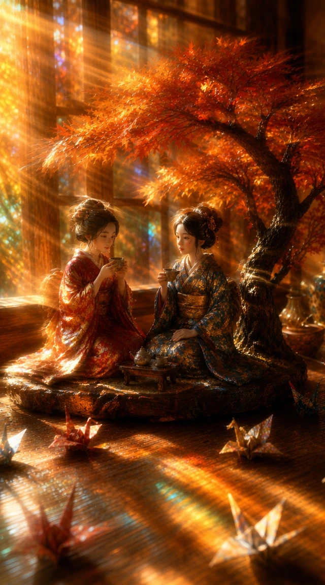 Miniature autumn tea scene with women in kimonos