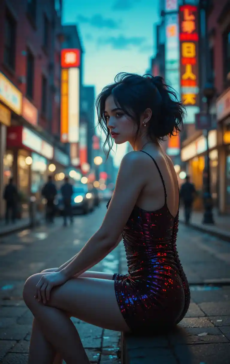 Young woman in red dress on moody city sidewalk
