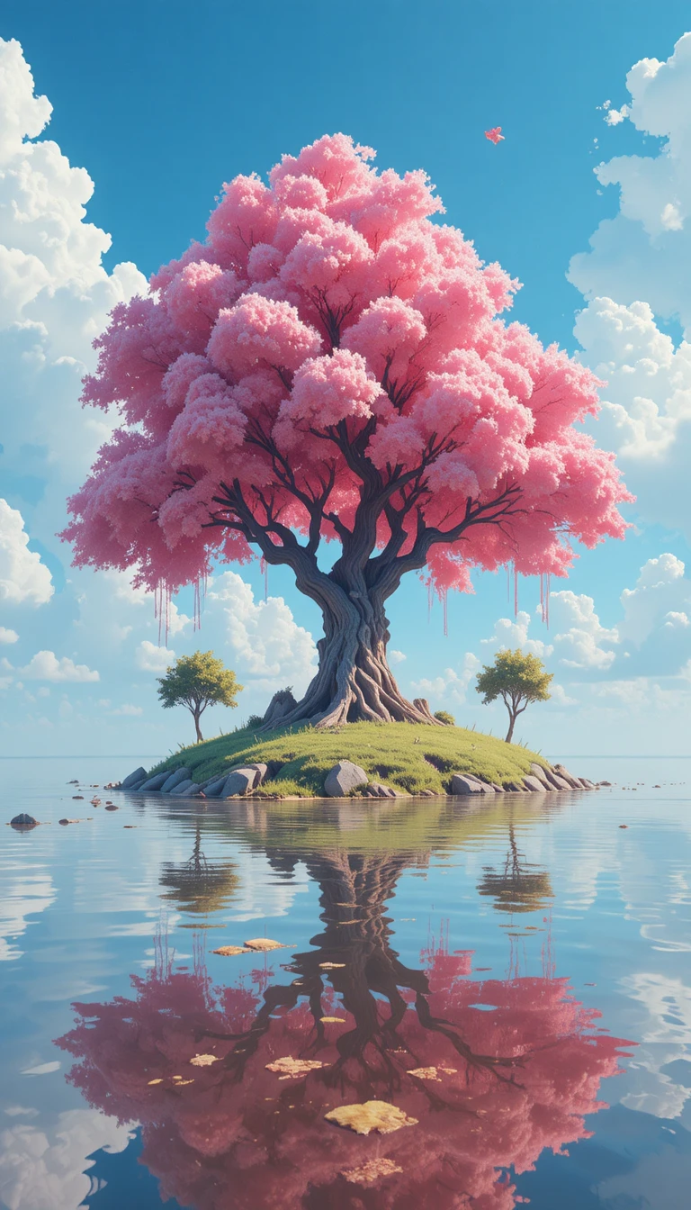 Árbol rosa y sereno en una isla con reflejo en el agua