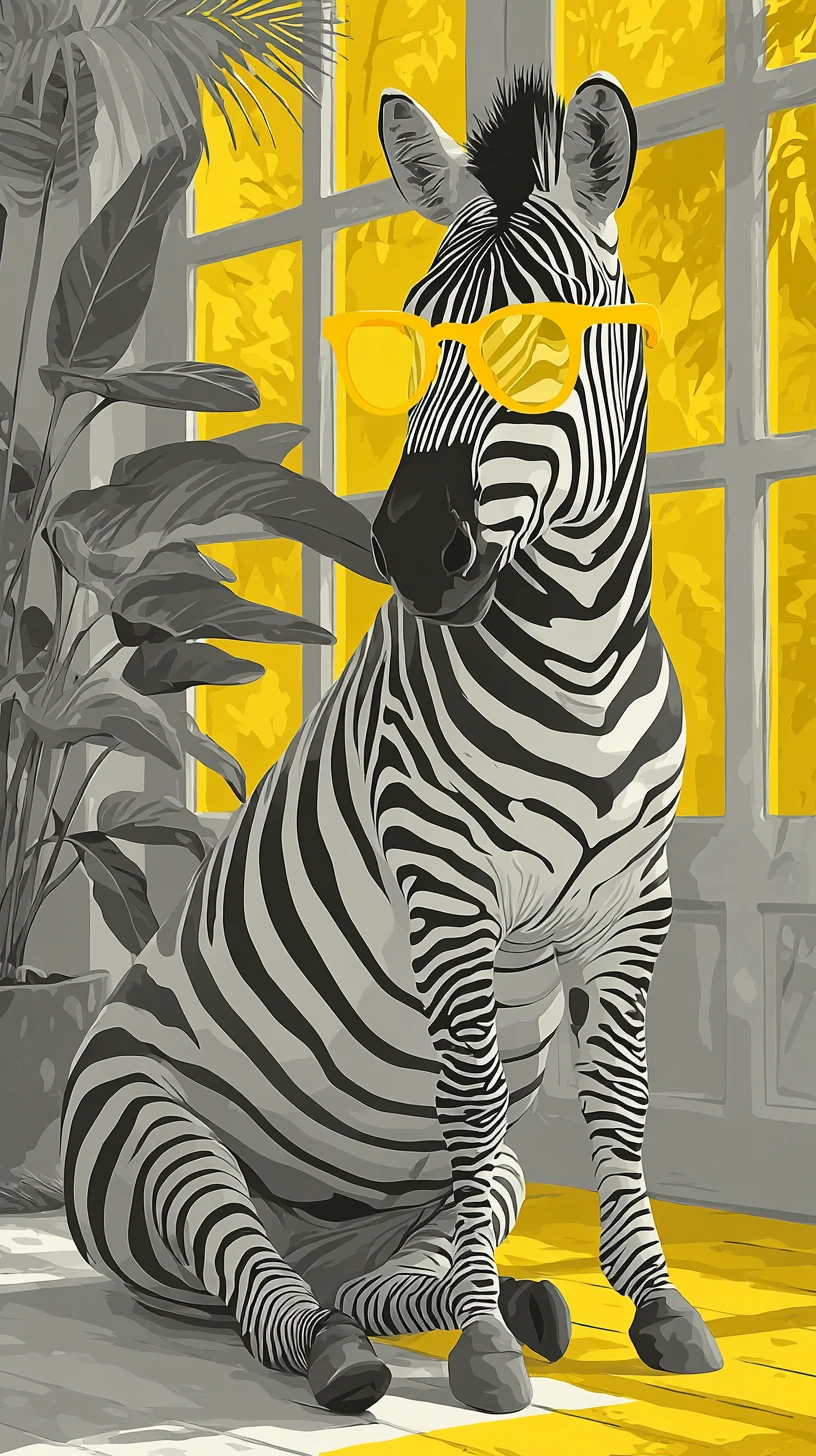 Zebra con occhiali gialli in un soggiorno accogliente