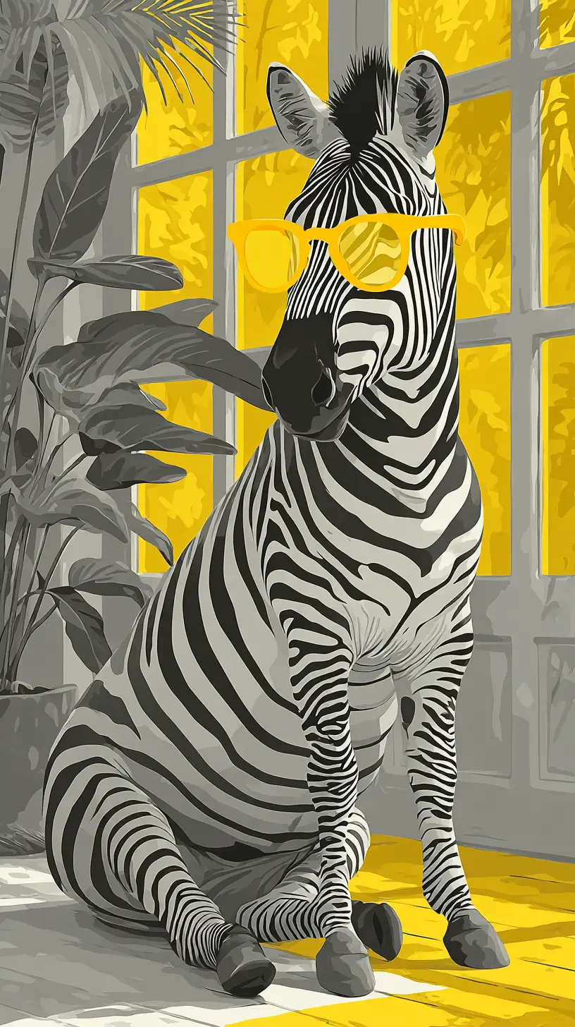 Zebra With Yellow Glasses In A Cozy Living Room