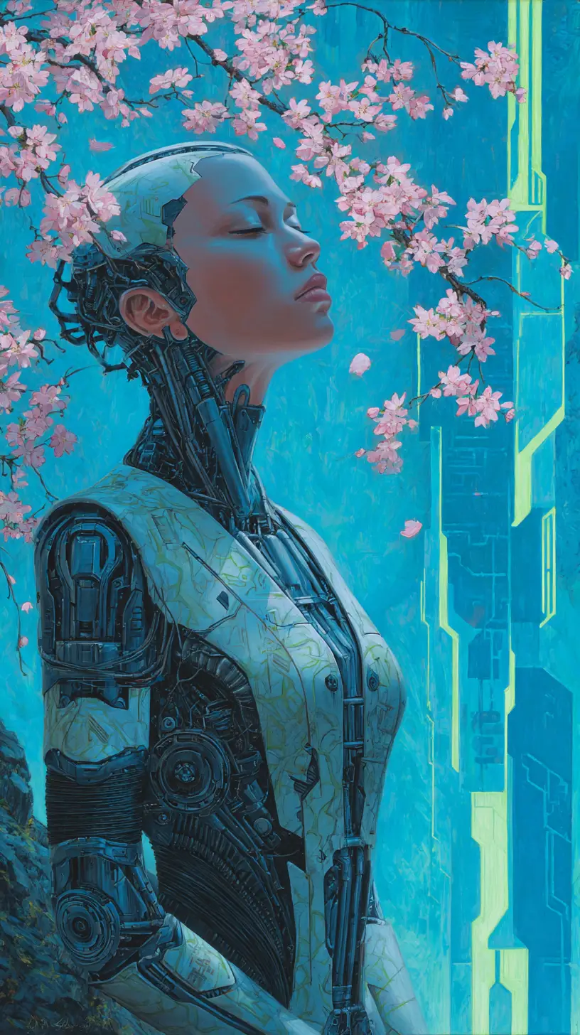 Surreal Robot Woman With Biopunk Mechanics In Neon City