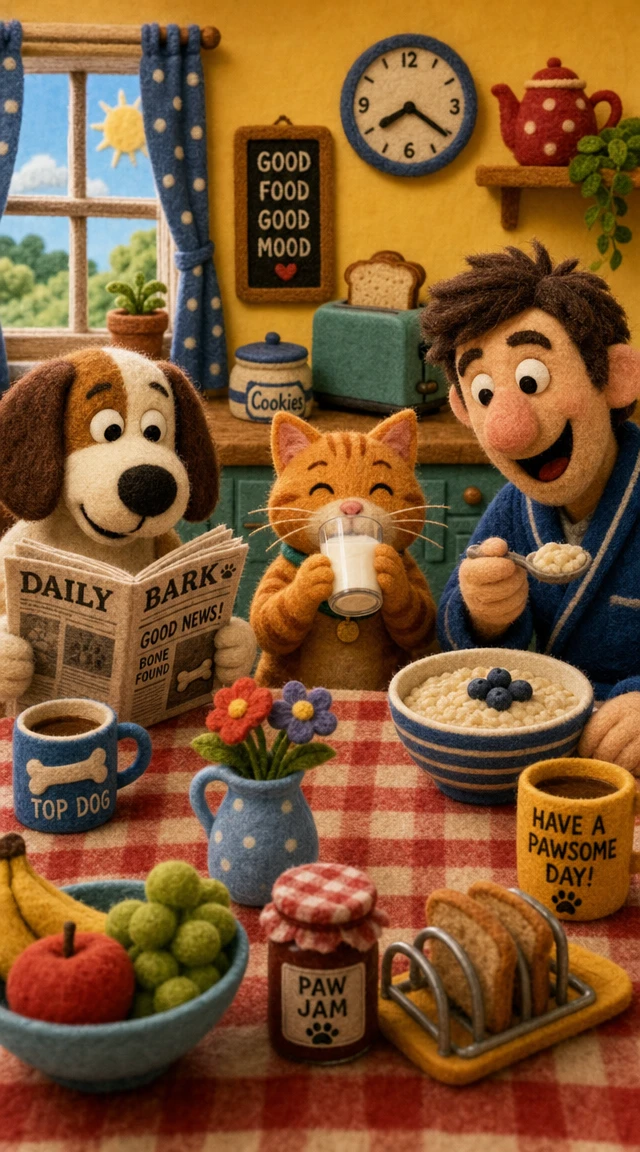 犬と猫と男性が一緒に楽しむ遊び心あふれる朝食シーン