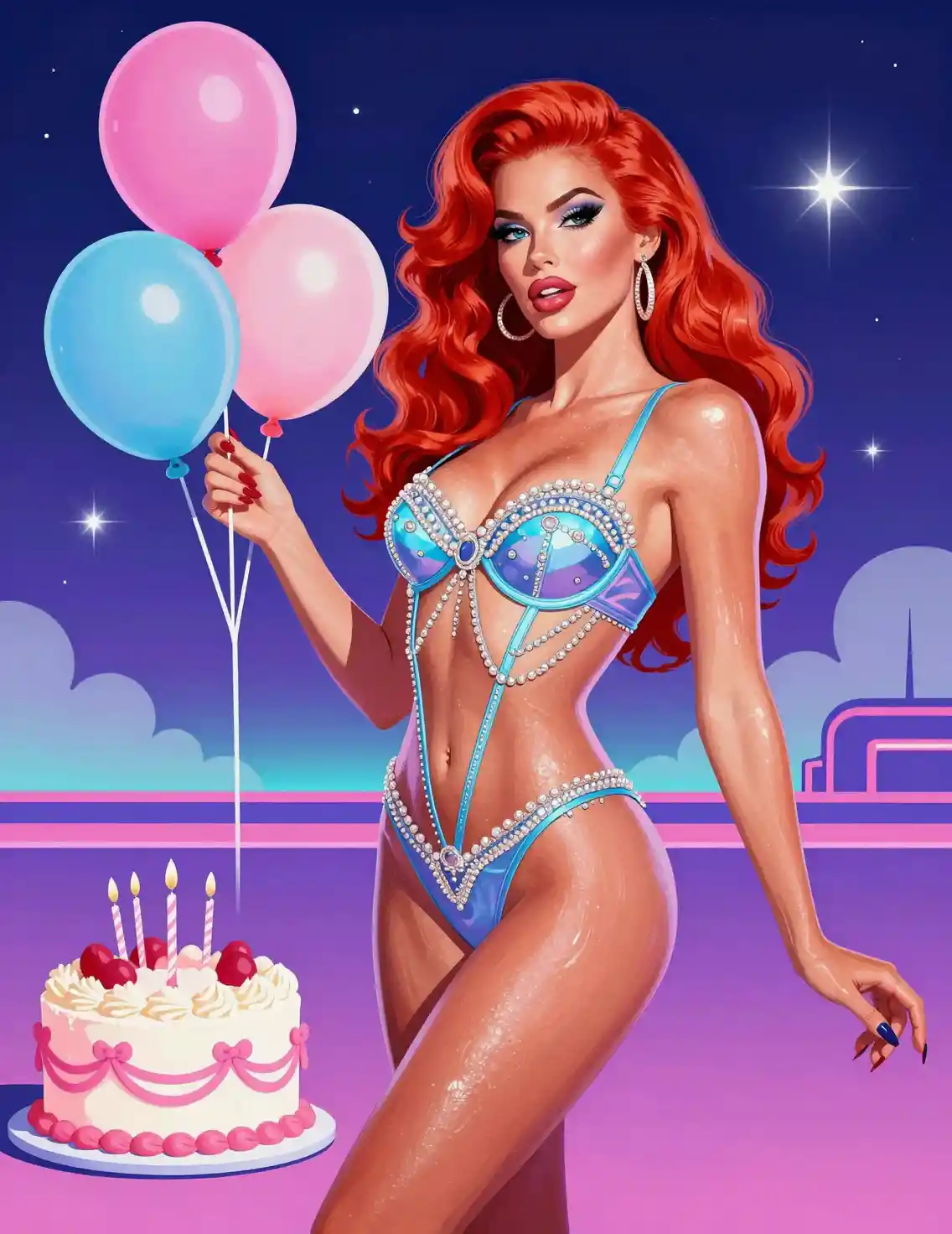 Fantasy redhead birthday pin up with balloons and cake