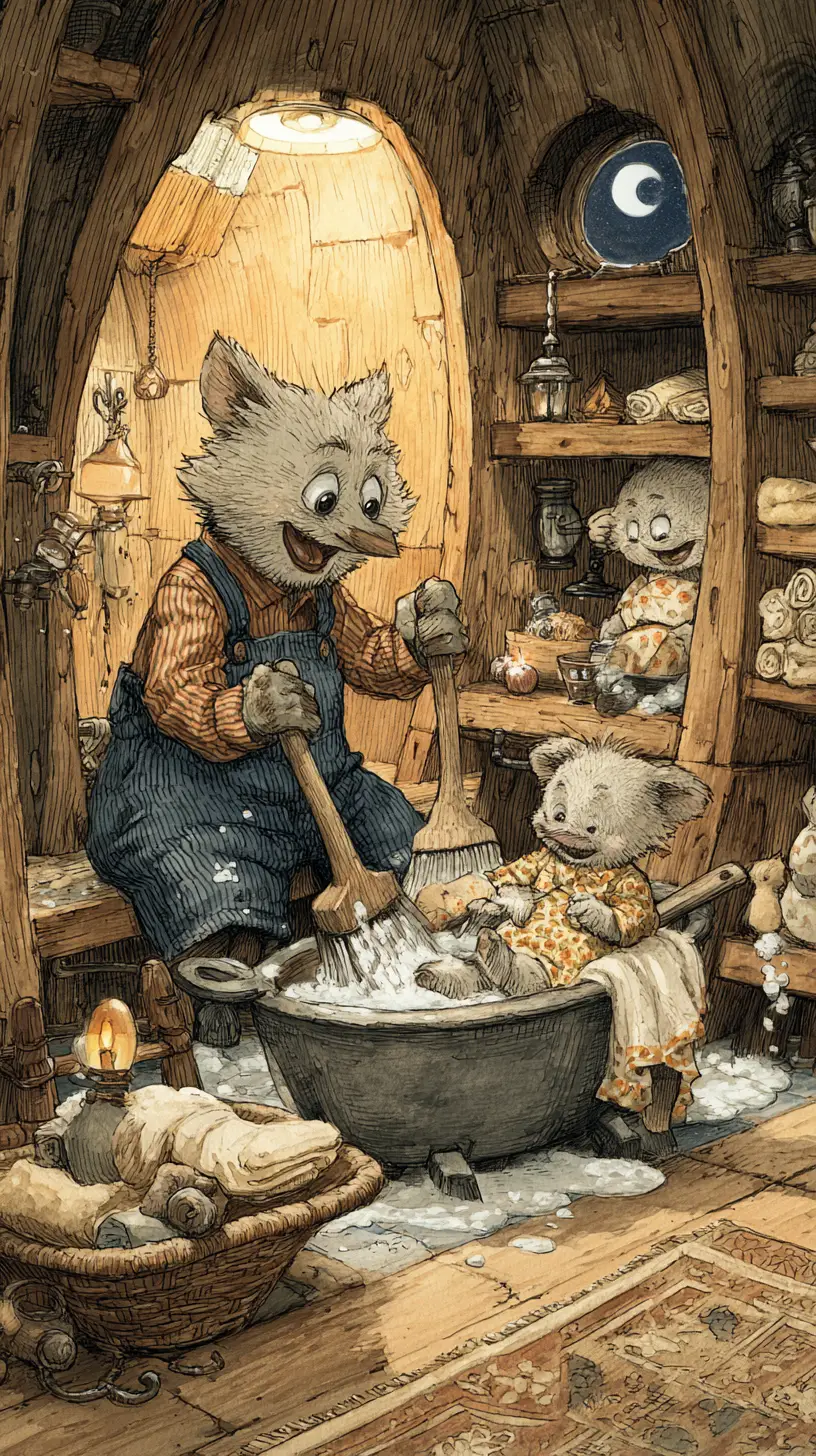 Owl family bath time in a cozy tree trunk bathroom