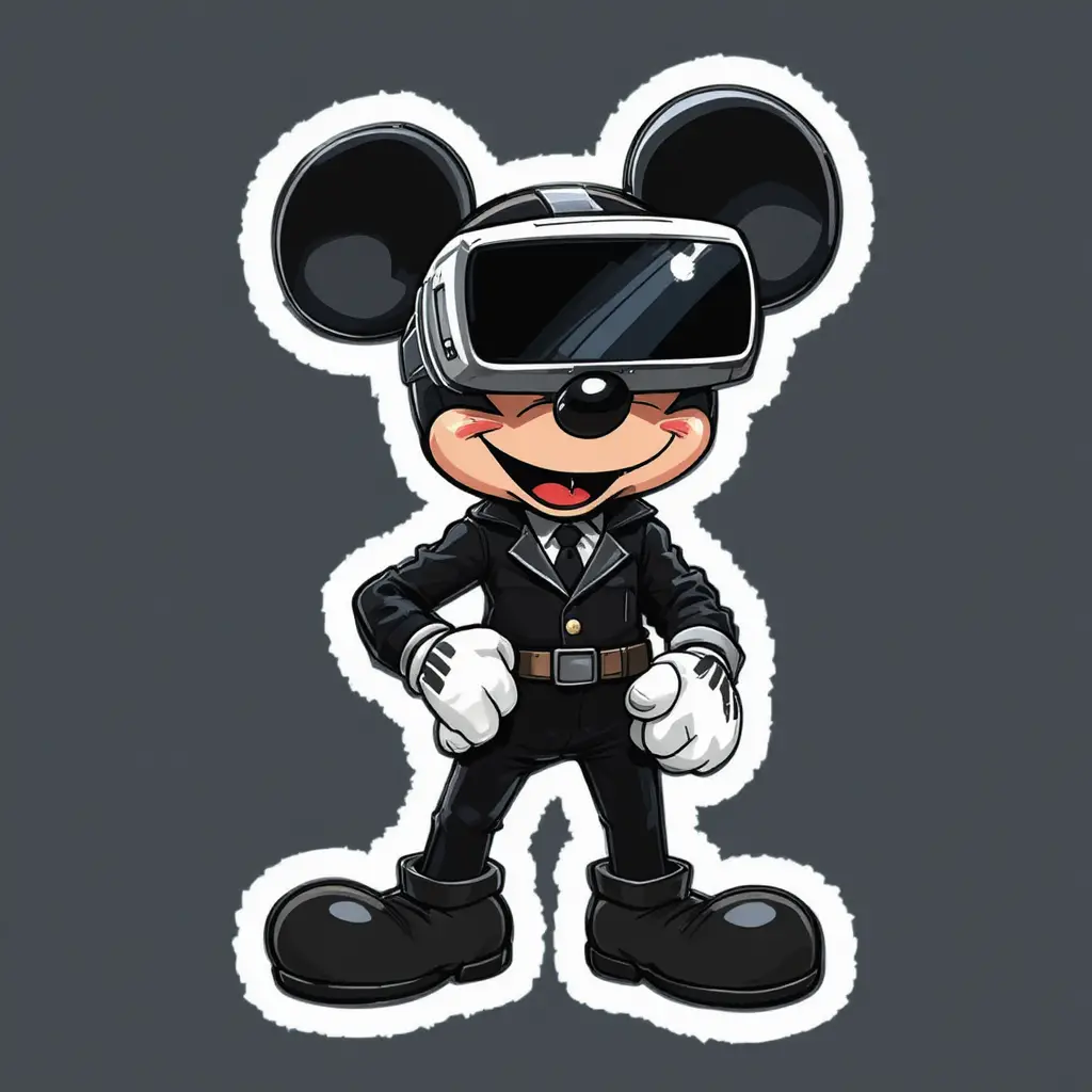 Cartoon mouse spy in black suit with vr glasses