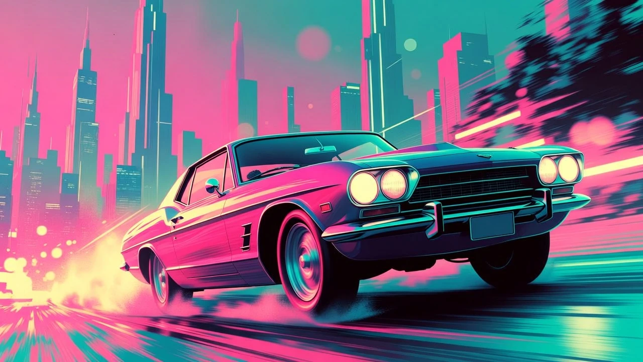 Persecución de coche deportivo vintage en una ciudad futurista de neón