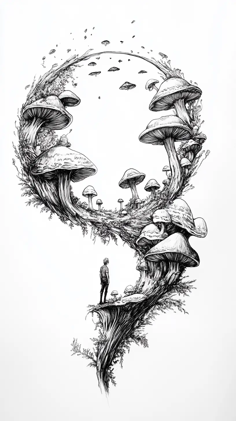 Surreal Ring Of Tilted Mushrooms With Tiny Sideways Figure
