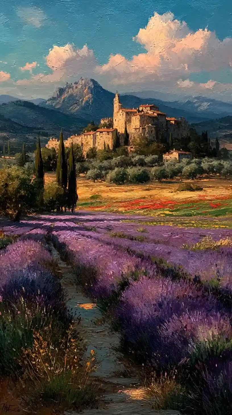 Campi di lavanda all’ora d’oro in un paesaggio mediterraneo