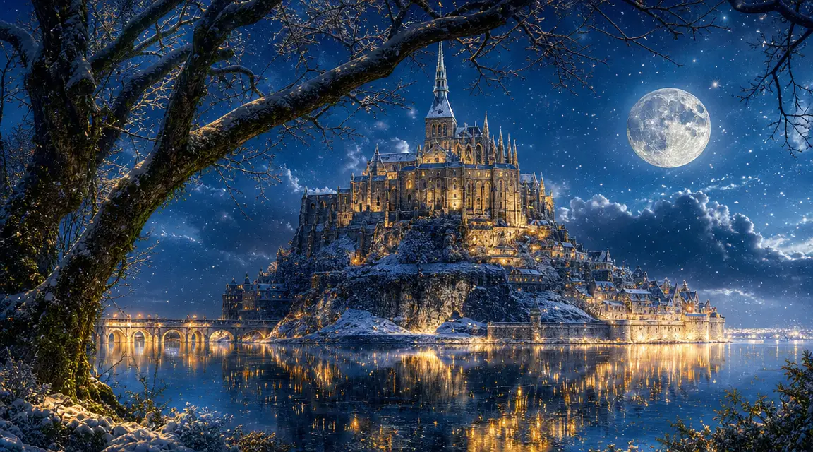 Snowy Fantasy Castle Reflected In Moonlit Lake