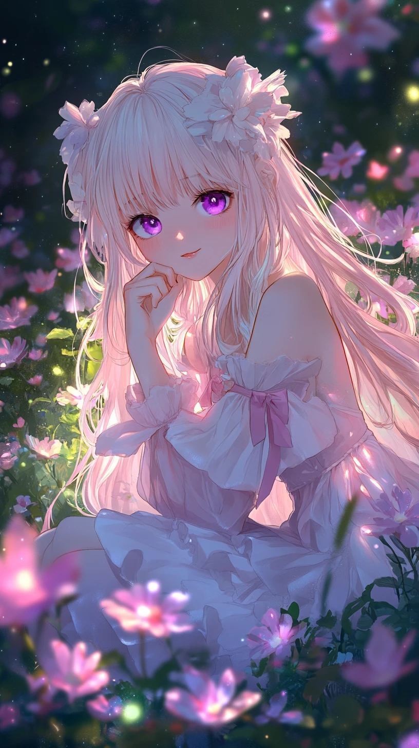 Pink haired anime girl in a glowing flower field
