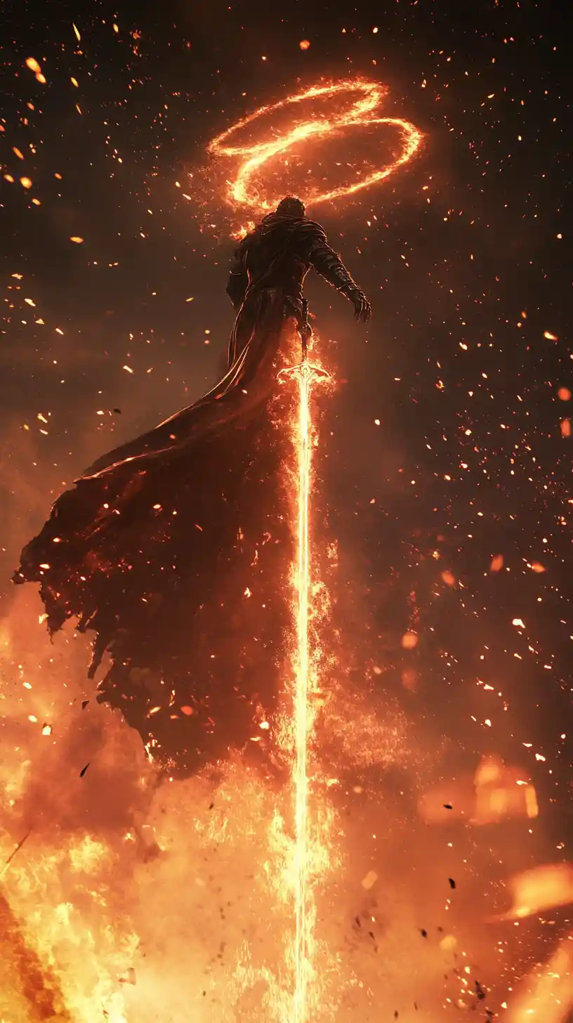 Warrior Launching Upward With Flaming Sword In Dark Sky