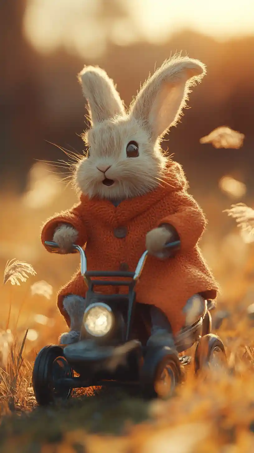 Joyful rabbit racing downhill on a toy car at sunset