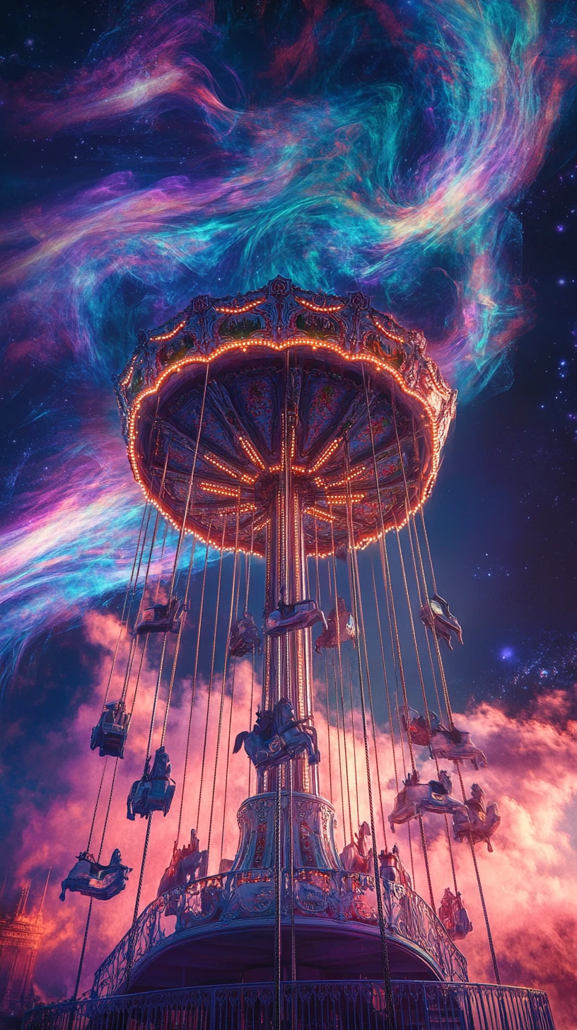 Carrusel surreal girando en un vacío cósmico infinito