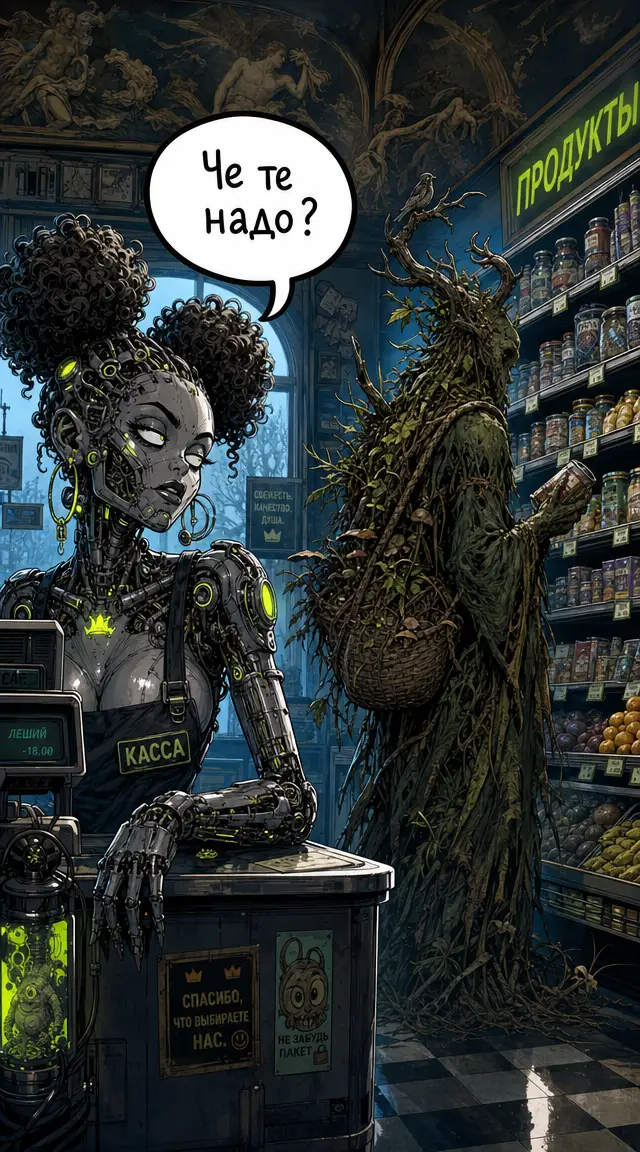 Biopunk robot woman in a surreal comic store scene
