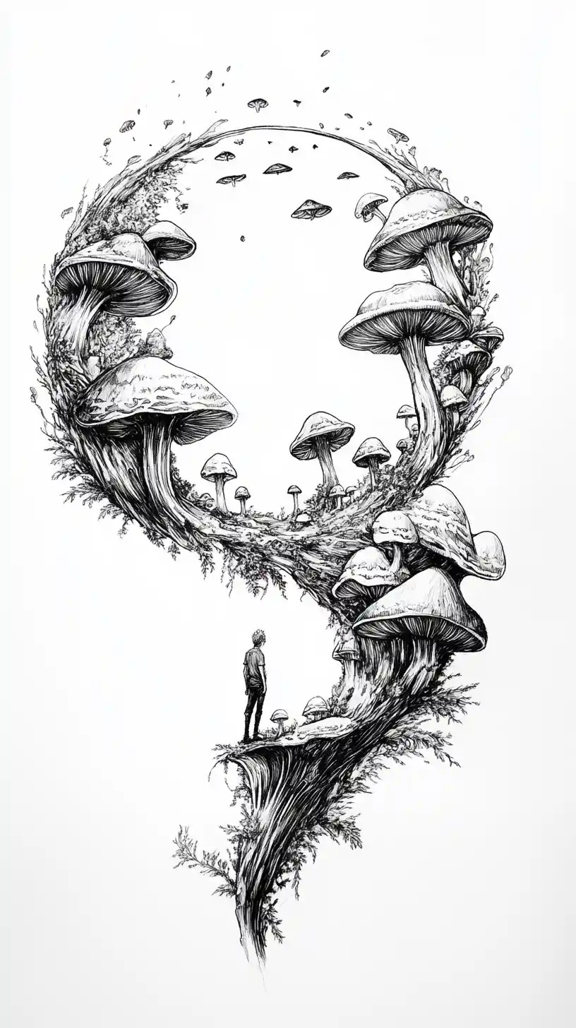 Surreal Ring Of Tilted Mushrooms With Tiny Sideways Figure