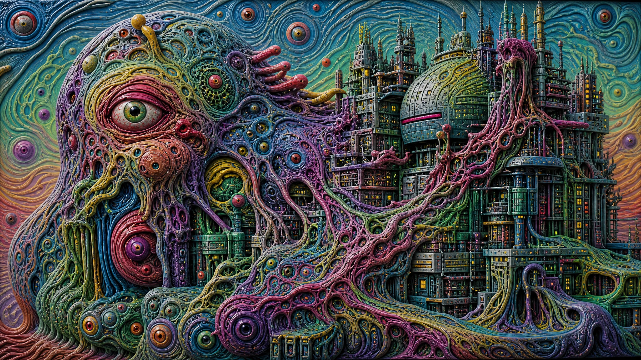 Protoplasmic monster merging with futuristic cybernetic city